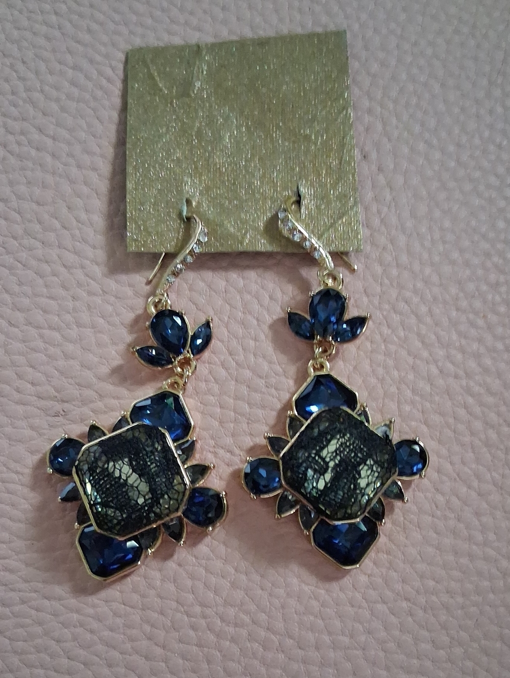 Gold-Tone Navy Blue Floral Drop Earrings - Women's Jewelry